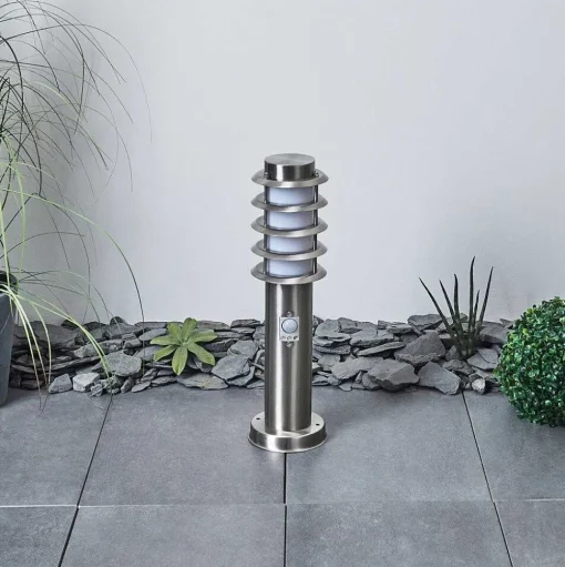 Borne Lumineuse Tunes Nickel Mat, 1 Lumiere, Detecteur De Mouvement