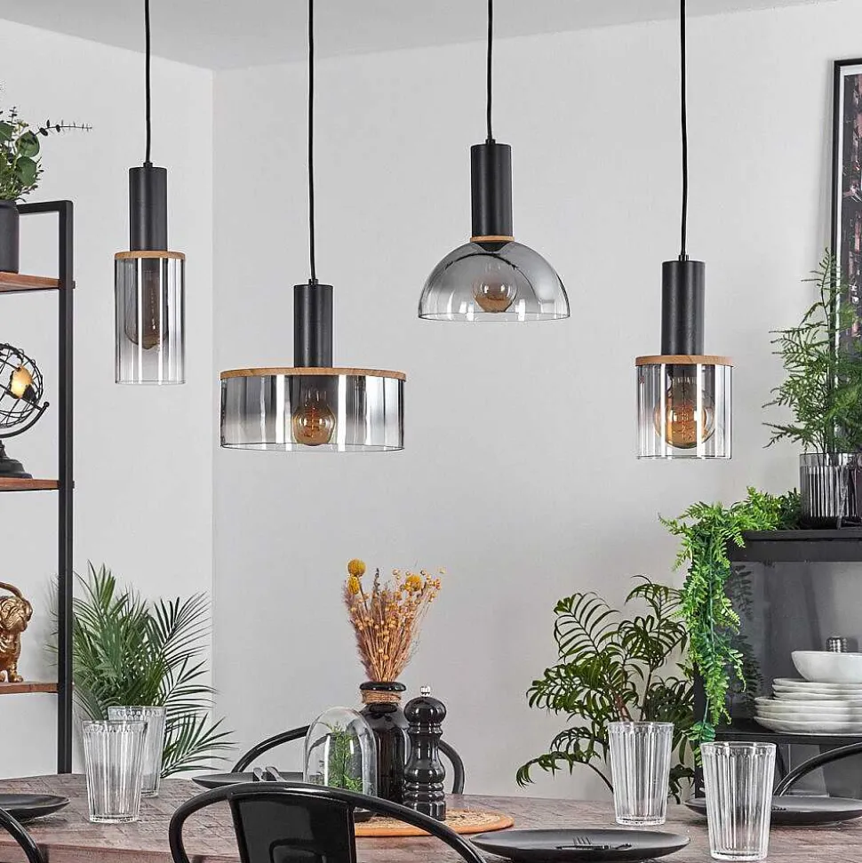 Suspension Classon Couleur Bois, Noir, 4 Lumieres