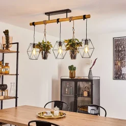 Suspension Taheramo Bois Clair, Noir, 3 Lumieres