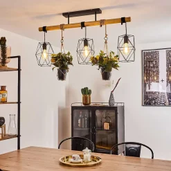 Suspension Taheramo Bois Clair, Noir, 3 Lumieres