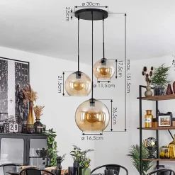 Suspension Verre 20 Cm, 25 Cm, 30Cm Koyoto Ambre, 3 Lumieres