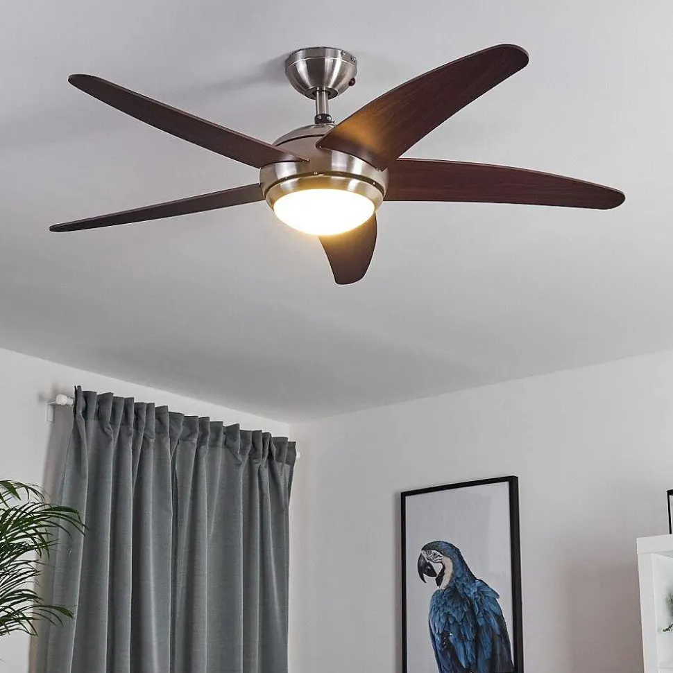 Ventilateur De Plafond Imon Bois Fonce, Nickel Mat, 1 Lumiere, Telecommandes